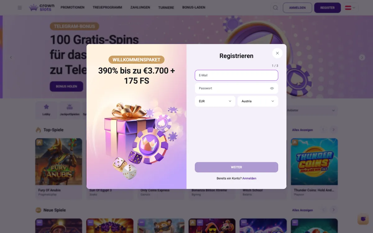 Crownslots Casino — Sign-up, captured from Austria