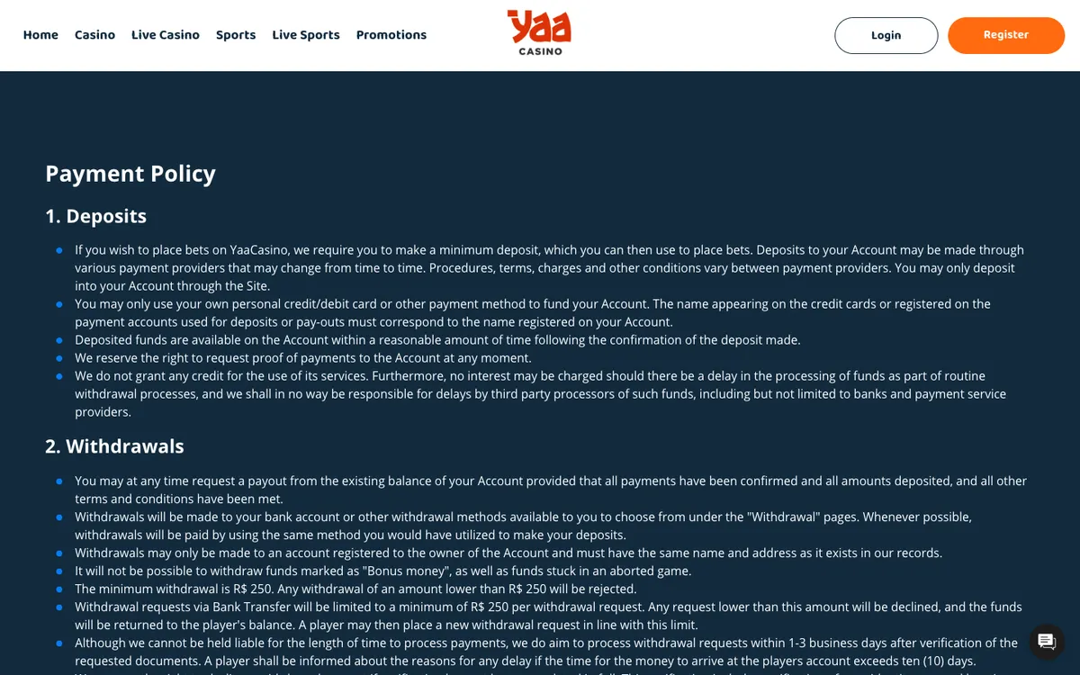 YaaCasino — Payments, captured from Belgium