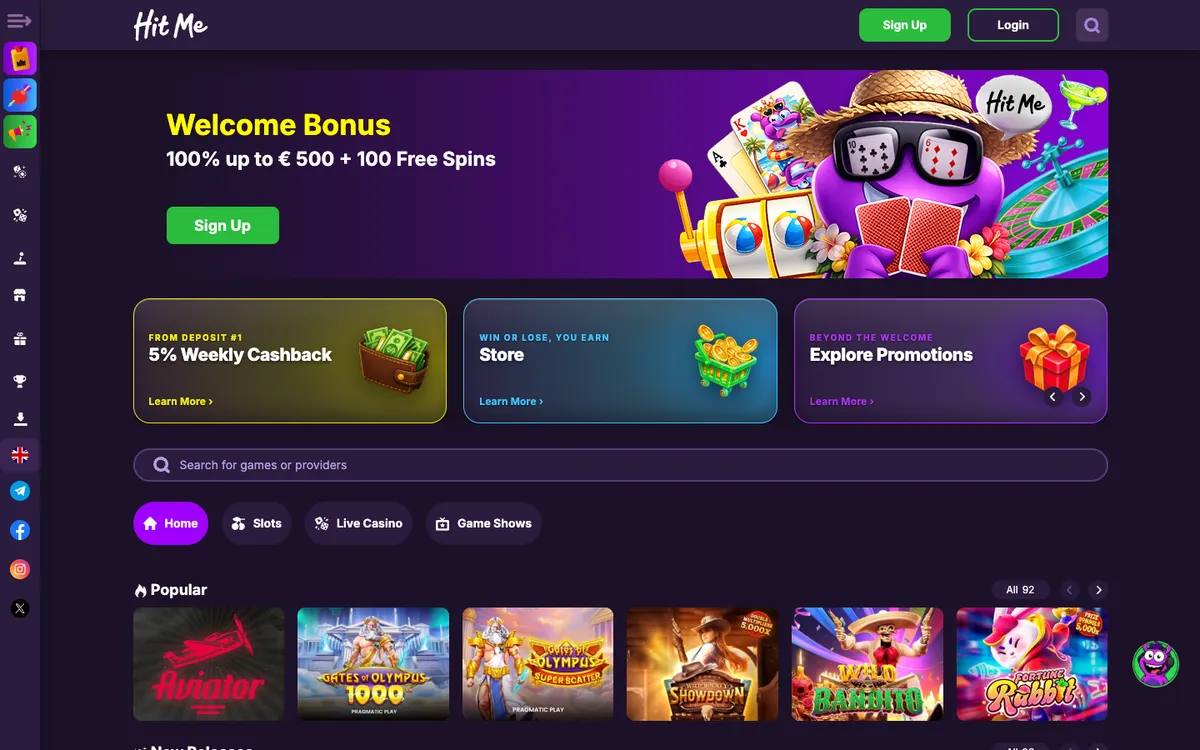 Hit Me Casino — Home page, captured from Nigeria