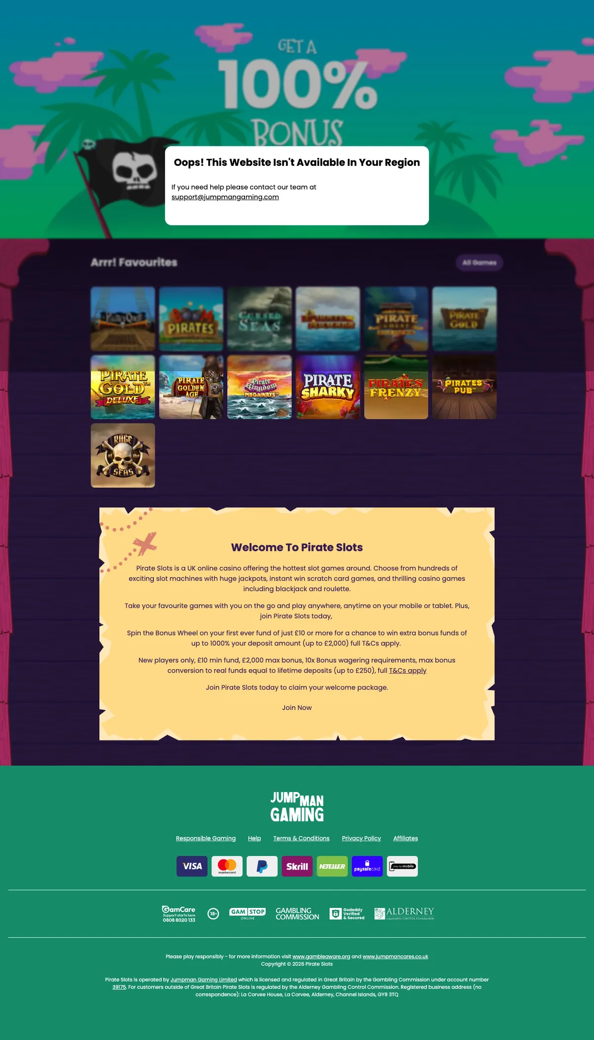 Pirate Slots Casino — Home page, captured from Austria