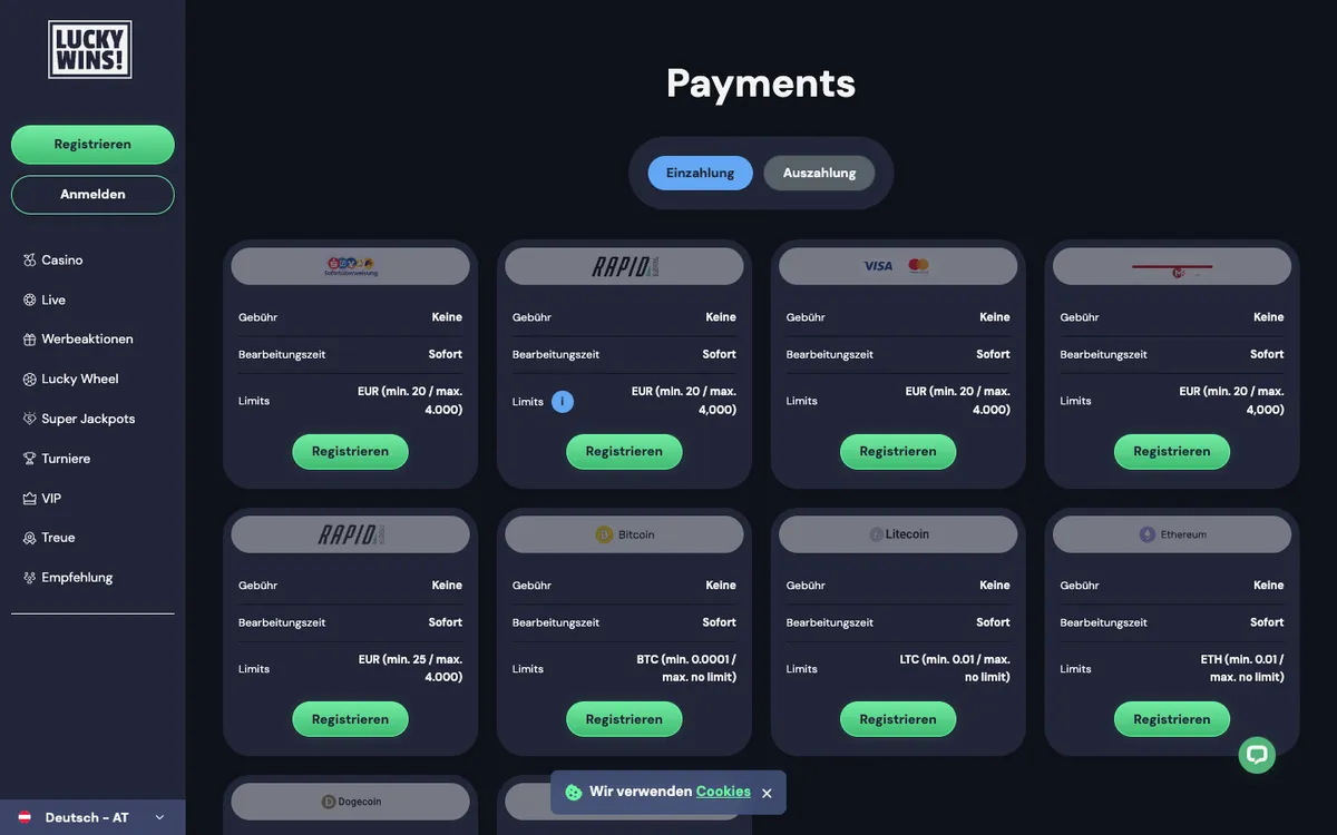 LuckyWins Casino — Payments, captured from Austria