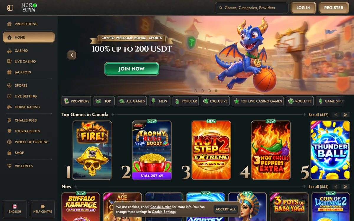 HeroSpin Casino — Home page, captured from Canada