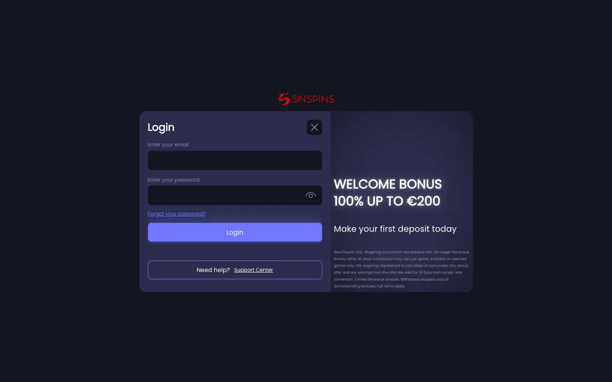 Sin Spins Casino — Sign-up, captured from Austria