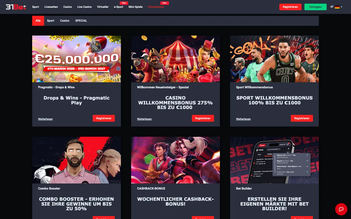 31Bet.com Casino — Promotions, captured from Austria