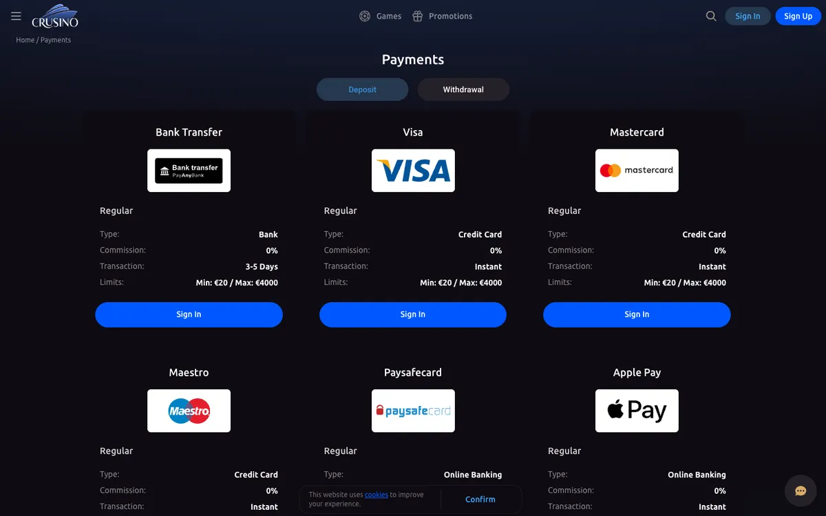 Crusino Casino — Payments, captured from Norway