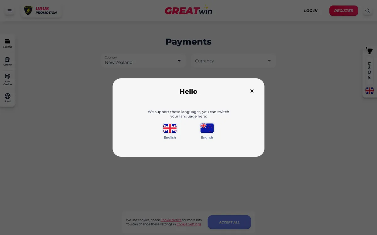 GreatWin Casino — «Платежи», снято из страны Новая Зеландия