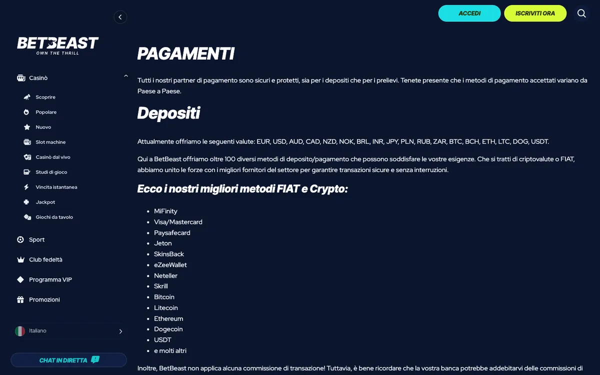 BetBeast Casino — Payments, captured from Italy