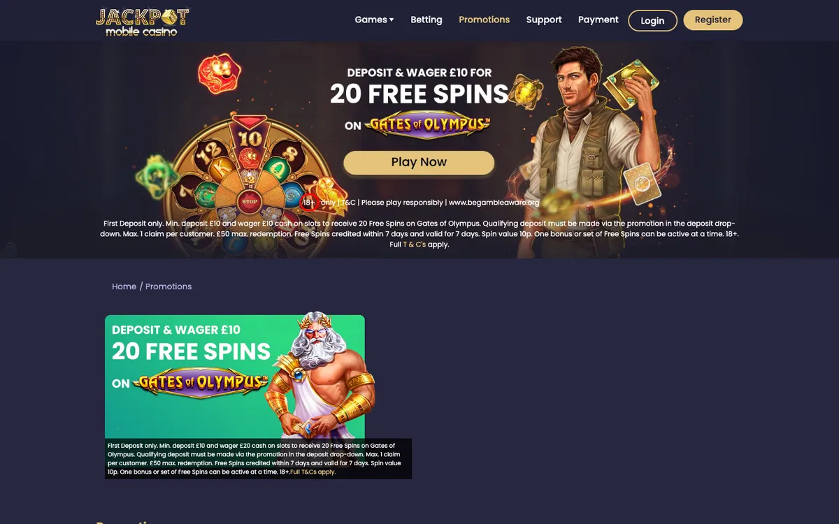 Jackpot Mobile Casino — Promotions, captured from United Kingdom