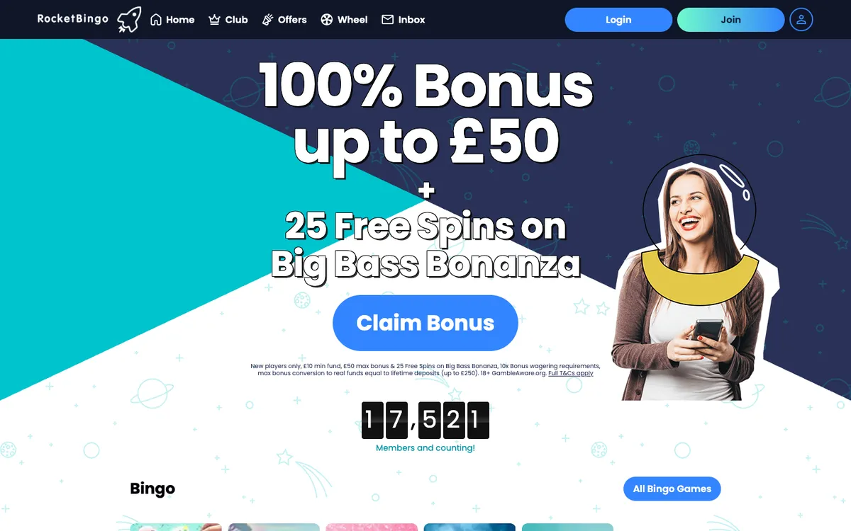 Rocket Bingo Casino — Home page, captured from United Kingdom