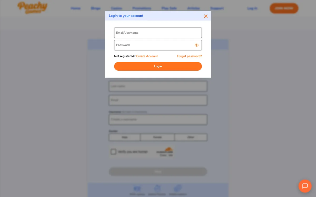 Peachy Games Casino — Sign-up, captured from United Kingdom