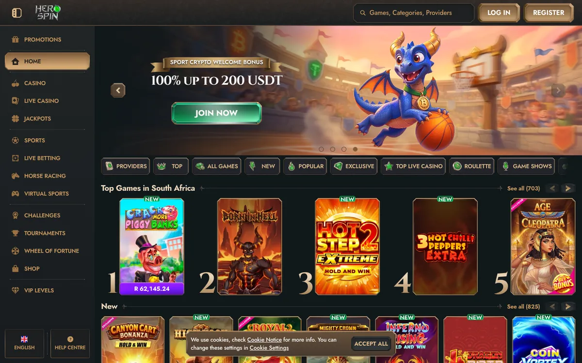 HeroSpin Casino — «Главная», снято из страны Южно-Африканская Республика