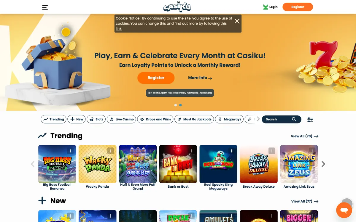 Casiku Casino — Home page, captured from New Zealand