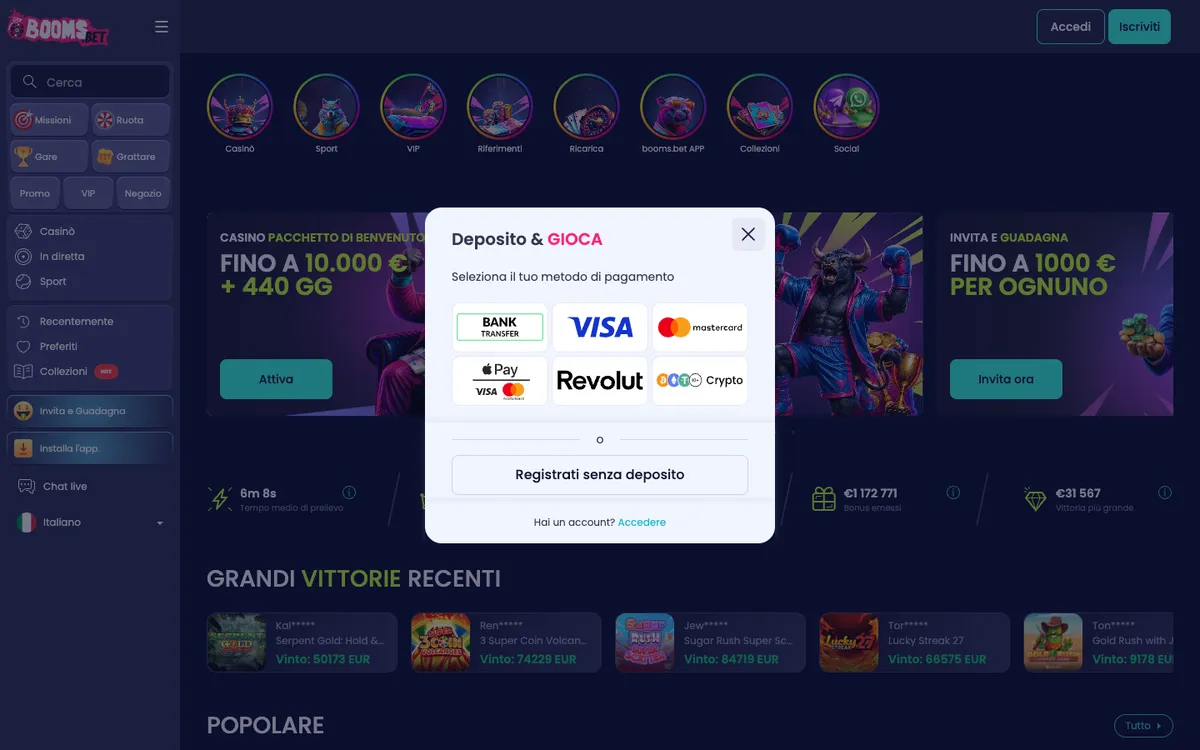 BoomsBet Casino — «Главная», снято из страны Италия