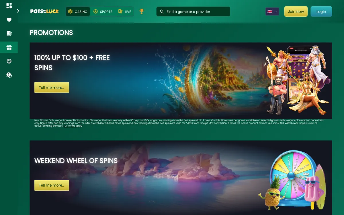 PotsOfLuck Casino — «Акции», снято из страны Франция
