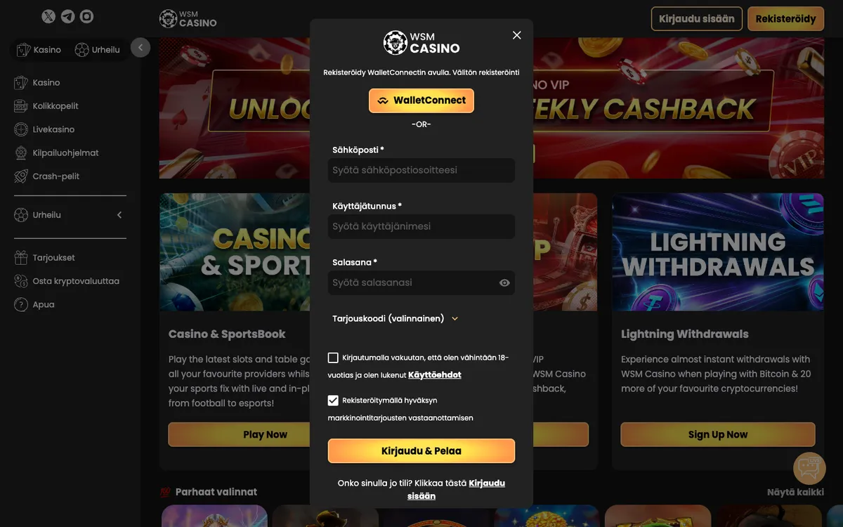 WSM Casino — Sign-up, captured from Finland