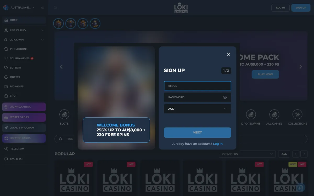 Loki Casino — «Главная», снято из страны Австралия