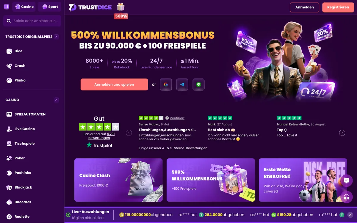 TrustDice Casino — Home page, captured from Austria