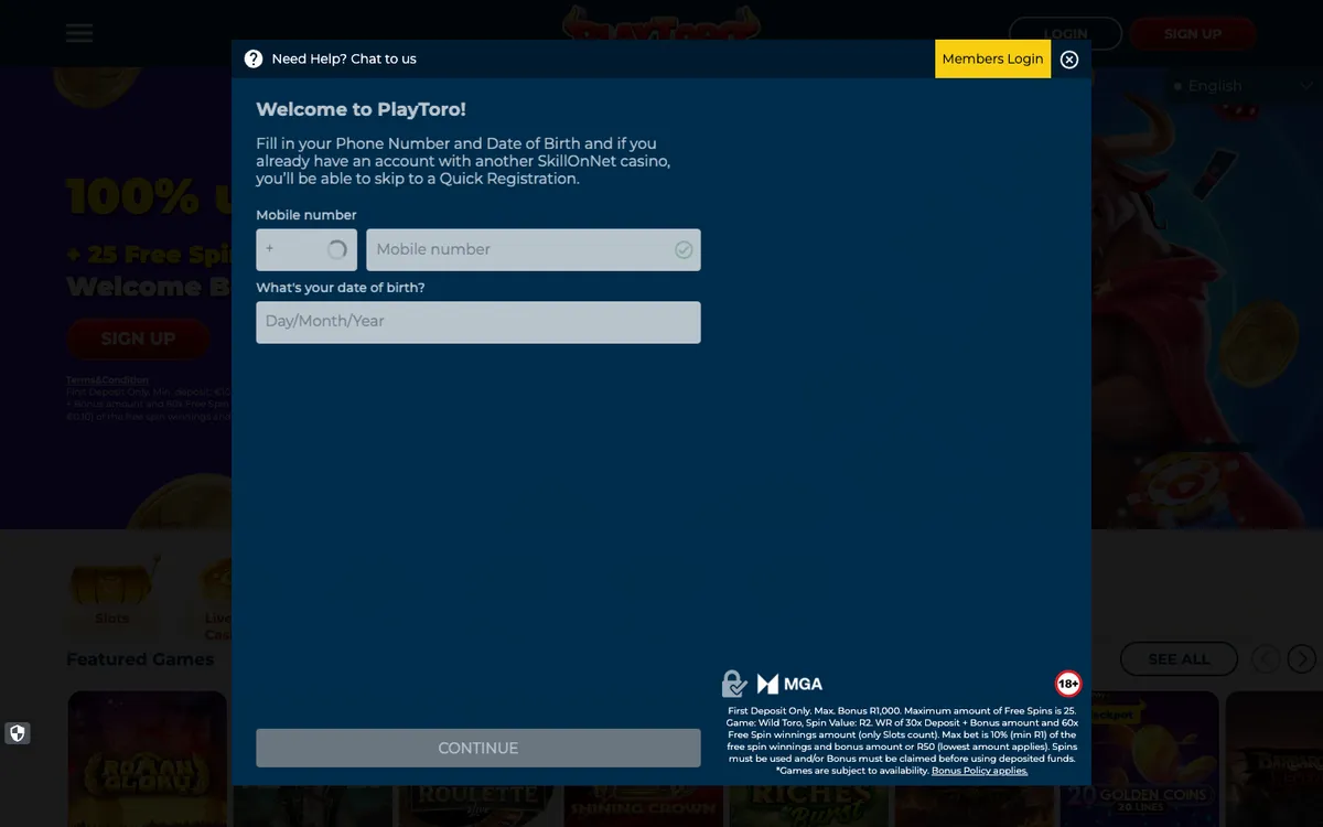 PlayToro Casino — Sign-up, captured from South Africa