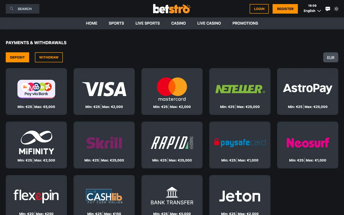 Betstro Casino — Payments, captured from Portugal