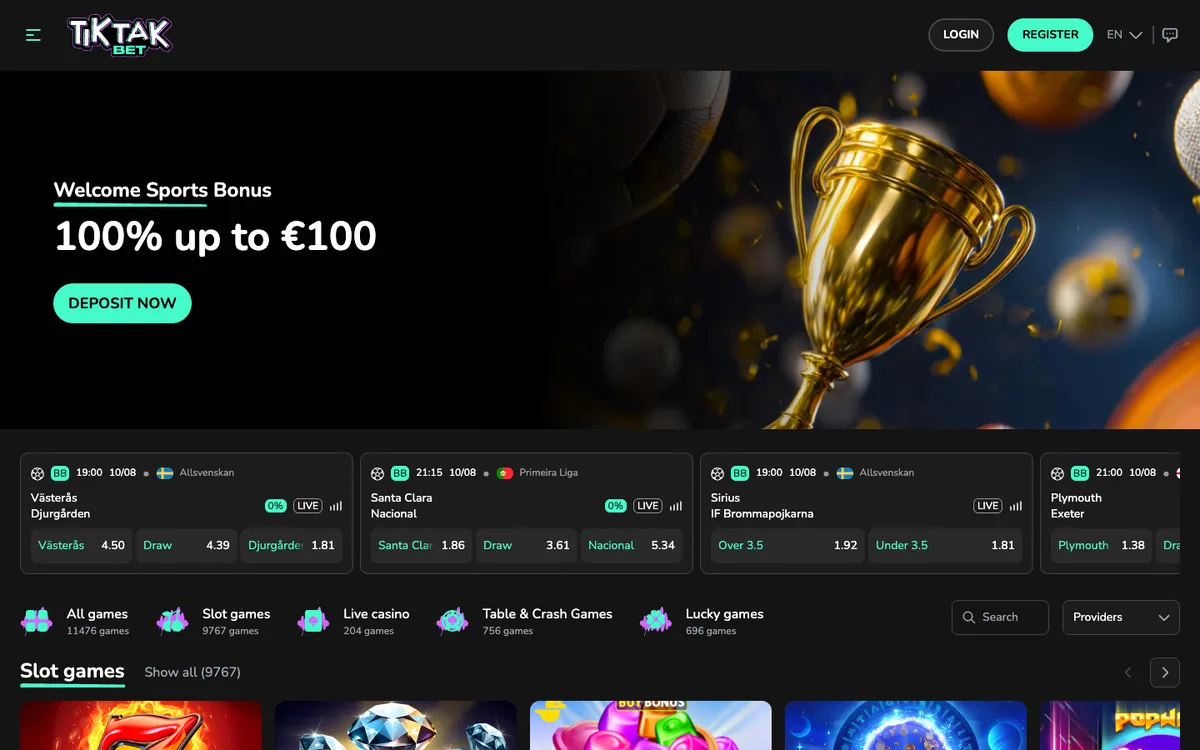 TikTak Bet Casino — Home page, captured from Belgium