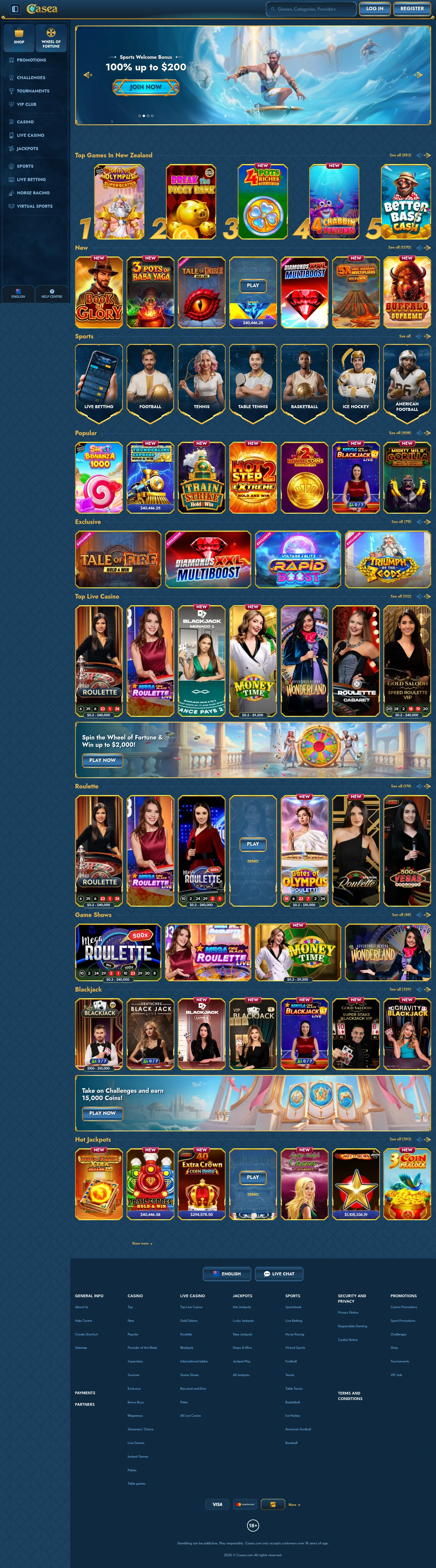 Casea Casino — Home page, captured from New Zealand