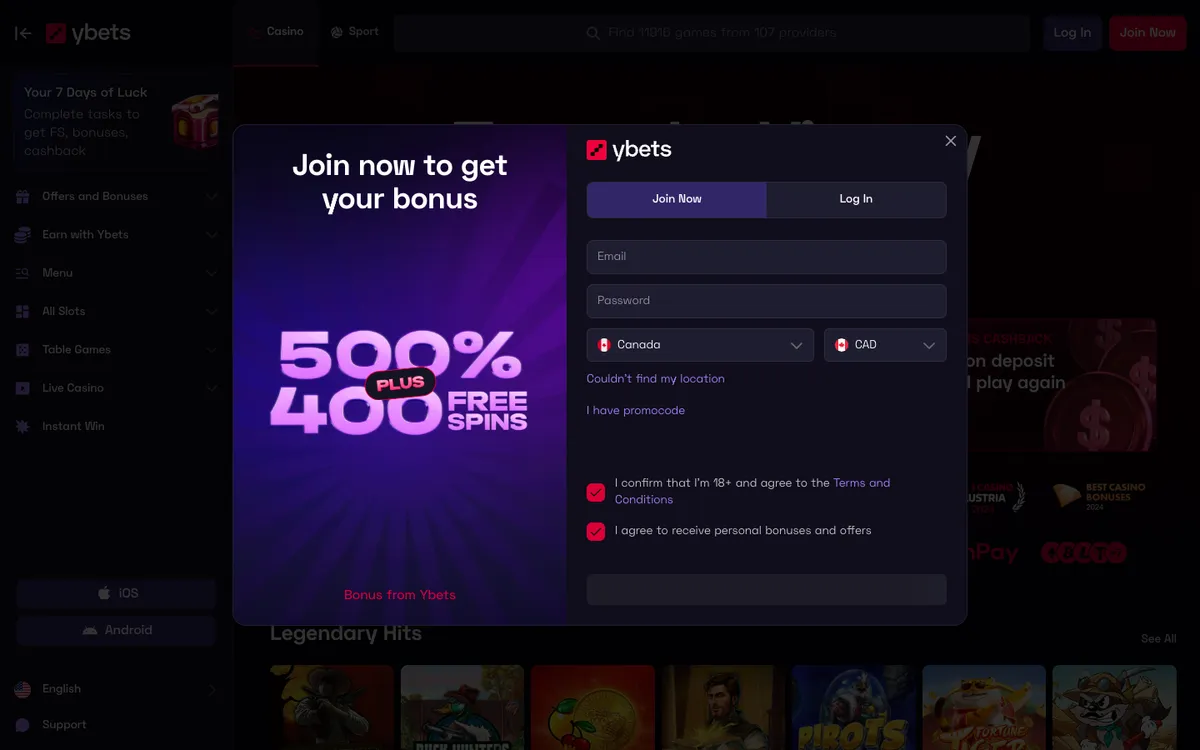 Ybets Casino — «Главная», снято из страны Канада