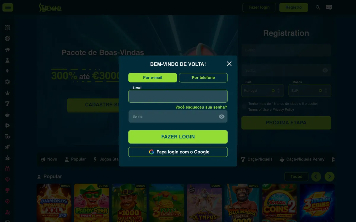 StakeMania Casino — Sign-up, captured from Portugal