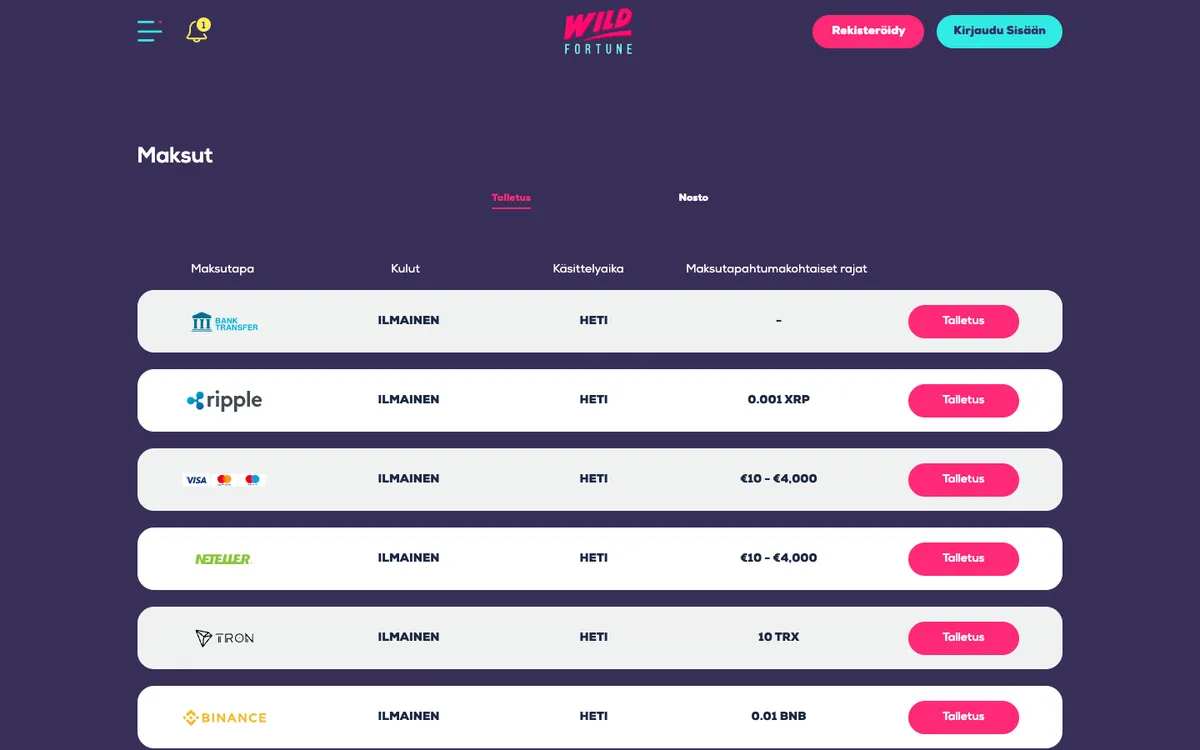 Wildfortune Casino — «Платежи», снято из страны Финляндия
