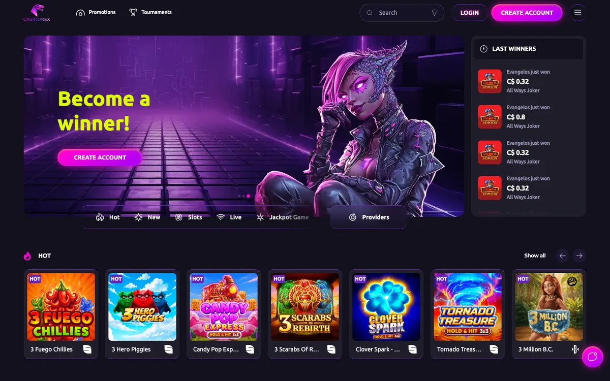 CasinoRex — Home page, captured from Canada