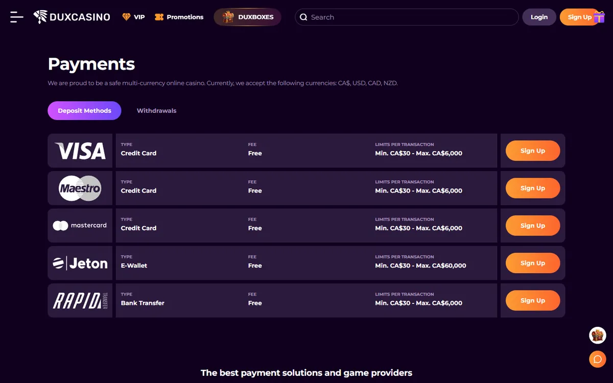 DuxCasino — «Платежи», снято из страны Канада