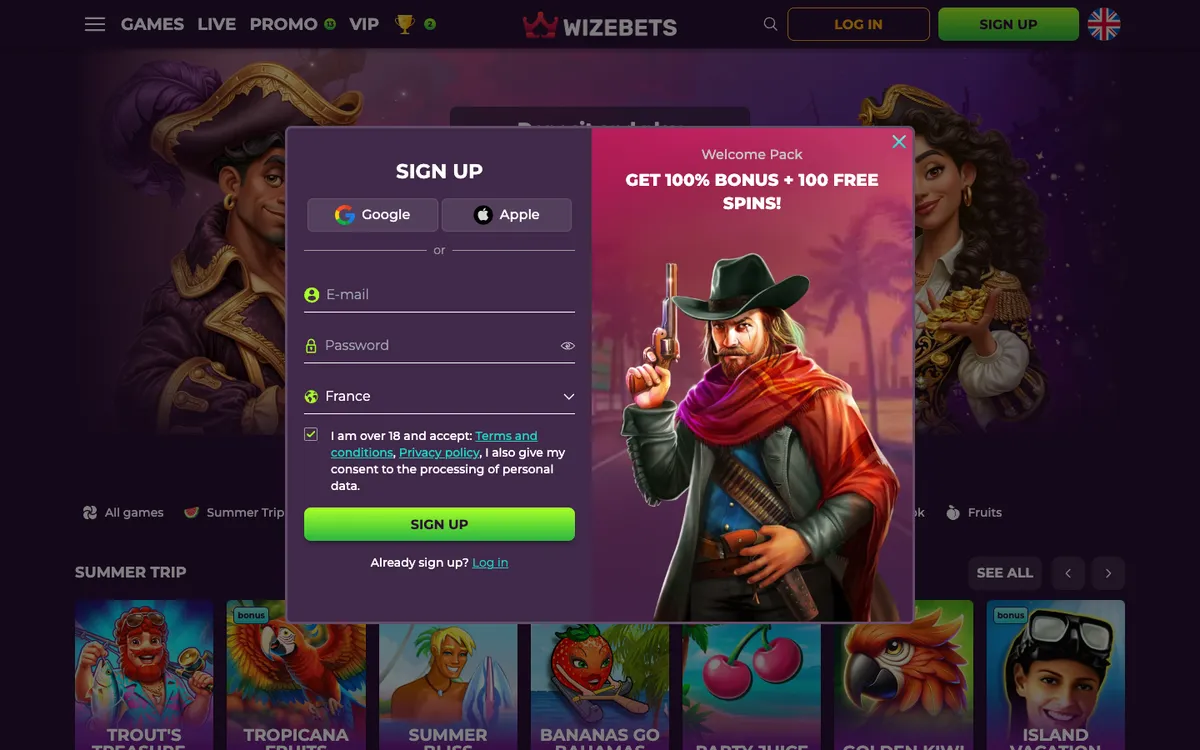 Wizebets Casino — Sign-up, captured from France