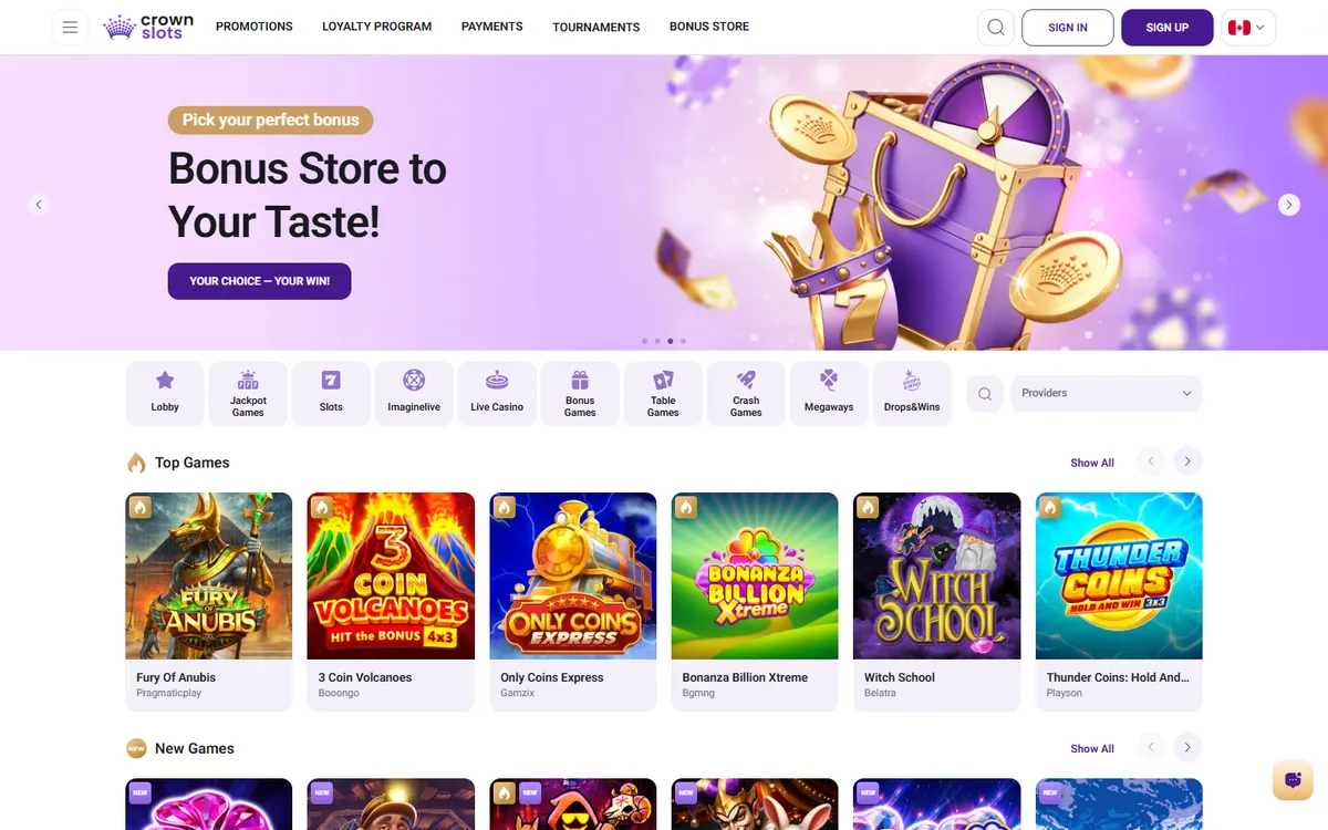 Crownslots Casino — Home page, captured from Canada