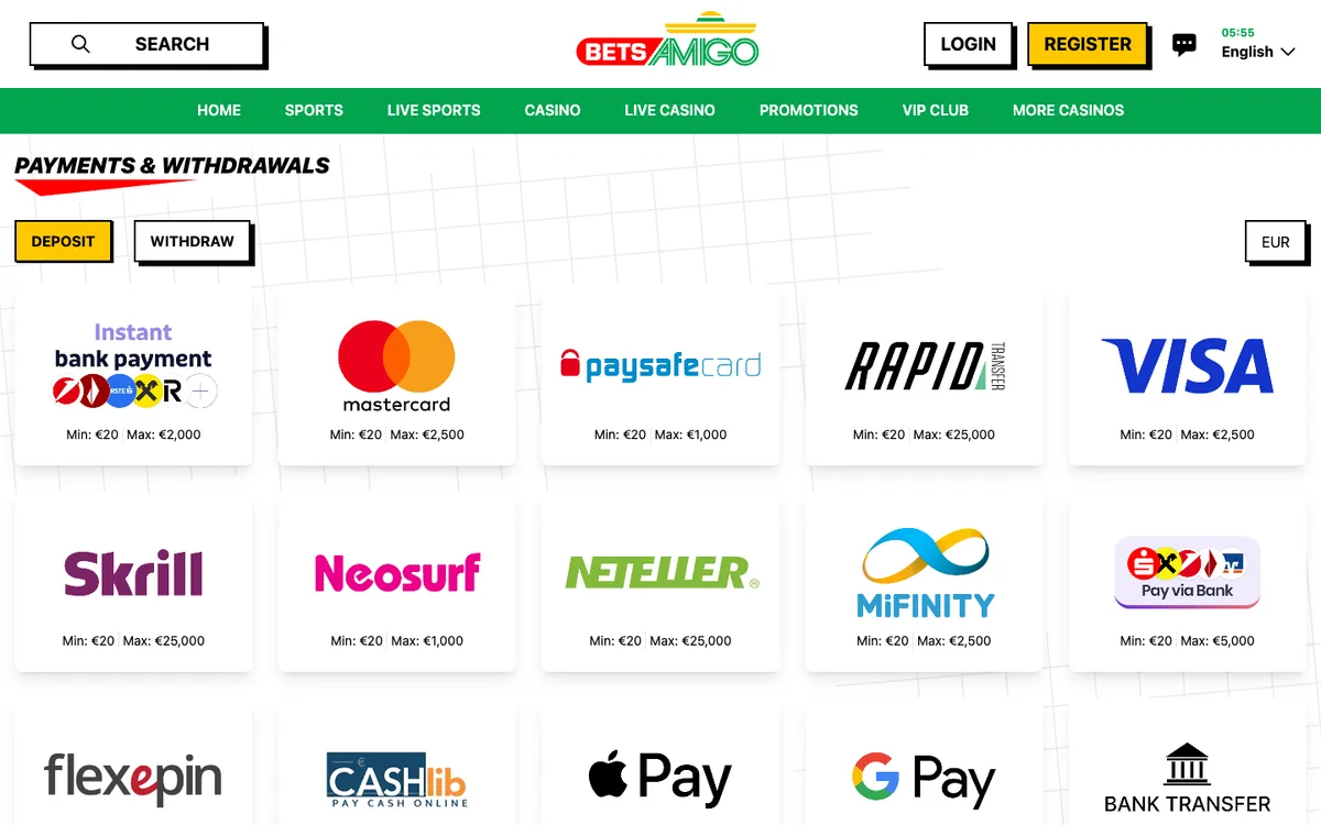 Betsamigo Casino — «Платежи», снято из страны Австрия