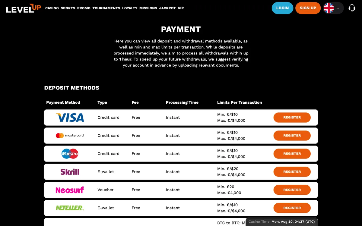 LevelUp Casino — Payments, captured from Austria