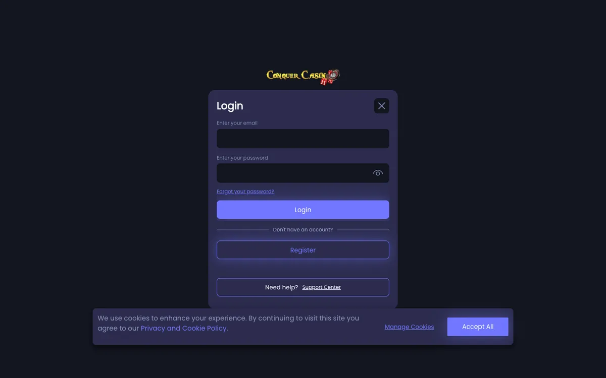 Conquer Casino — «Регистрация», снято из страны Канада