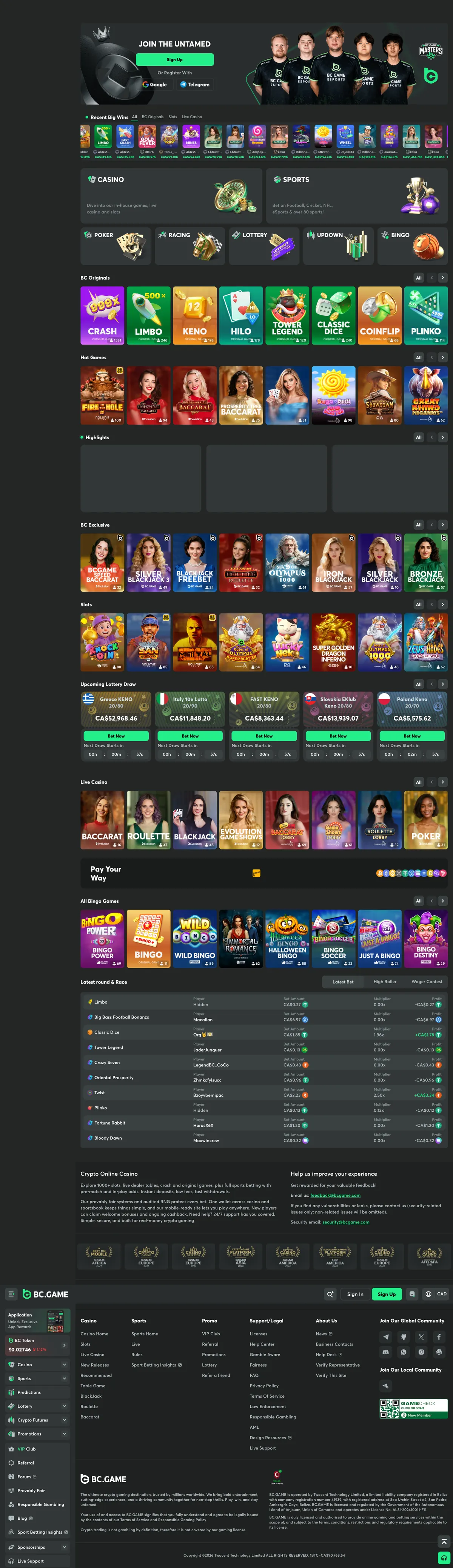 BC.Game Casino — Home page, captured from Canada