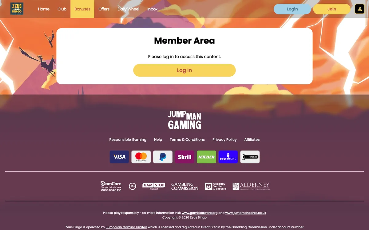 Zeus Bingo Casino — Promotions, captured from United Kingdom