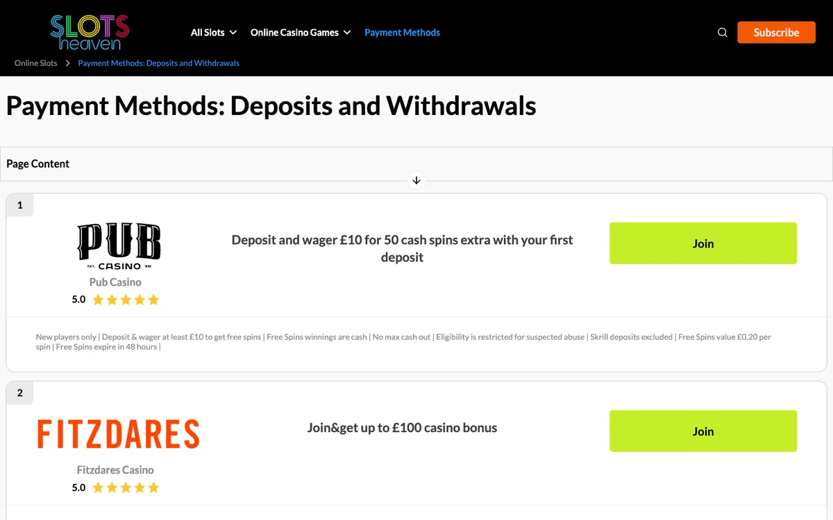 Slots Heaven Casino — Payments, captured from United Kingdom