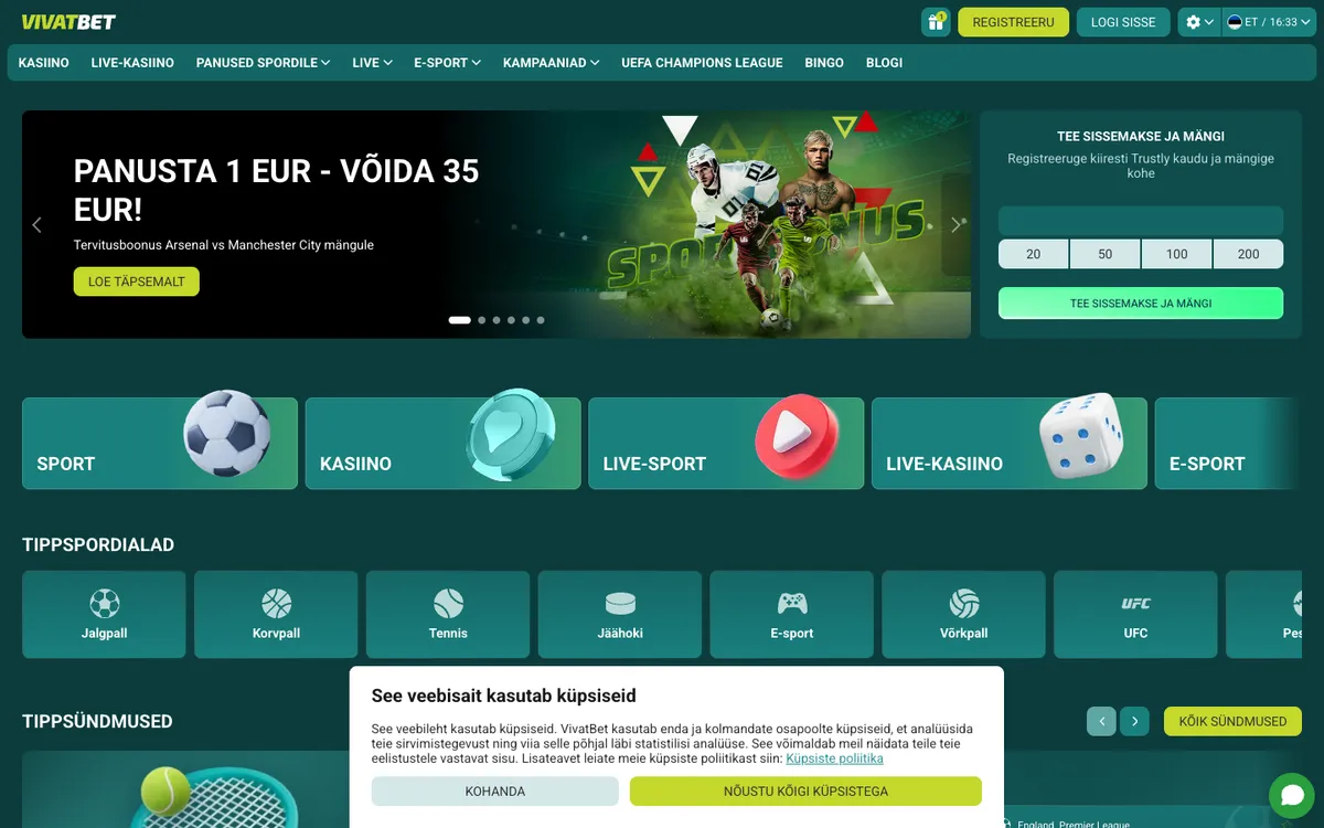 VivatBet Casino — Home page, captured from Estonia