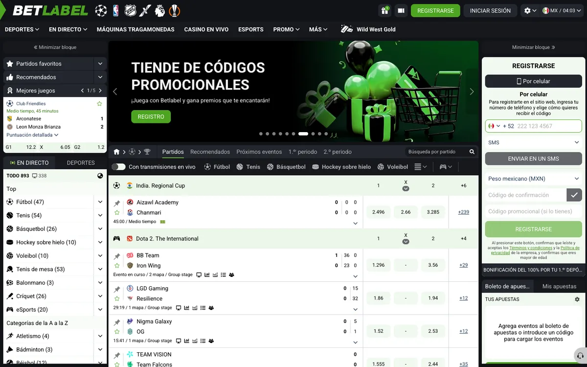 BetLabel Casino — Home page, captured from Mexico