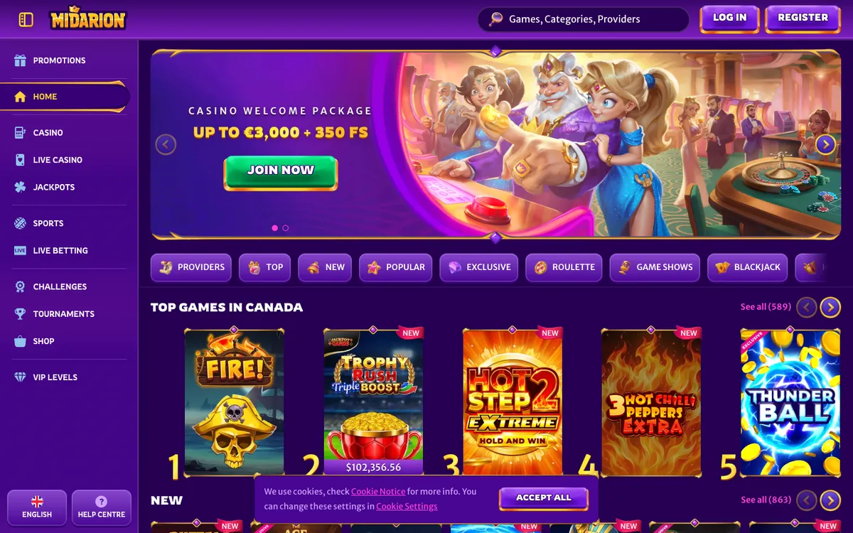 Midarion Casino — Home page, captured from Canada