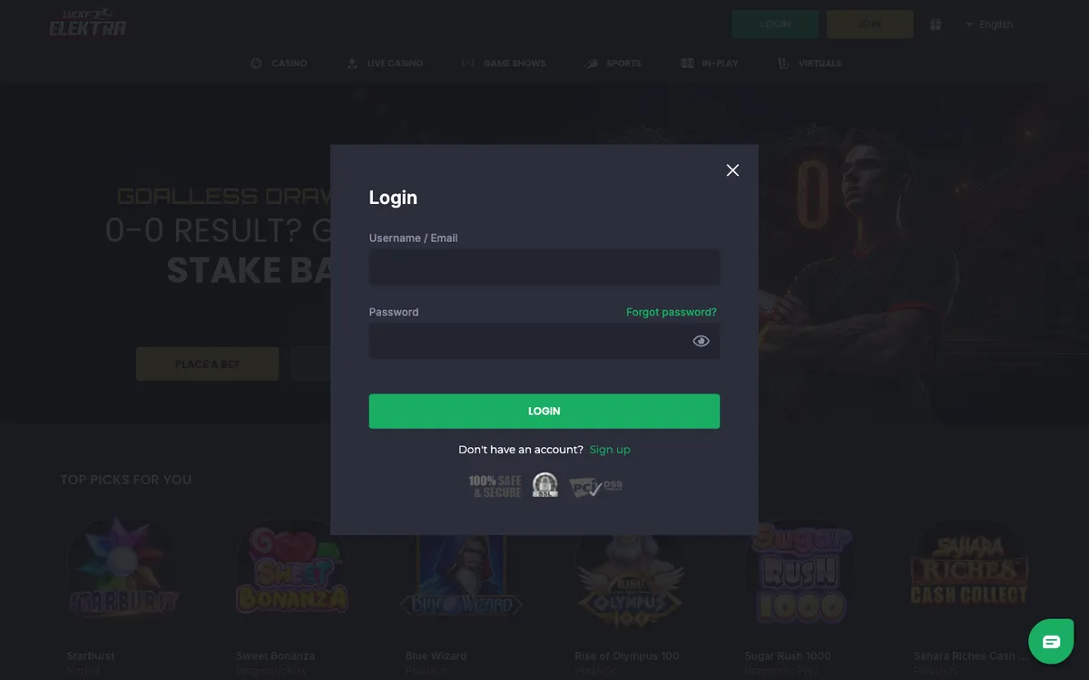 LuckyElektra Casino — Sign-up, captured from Italy