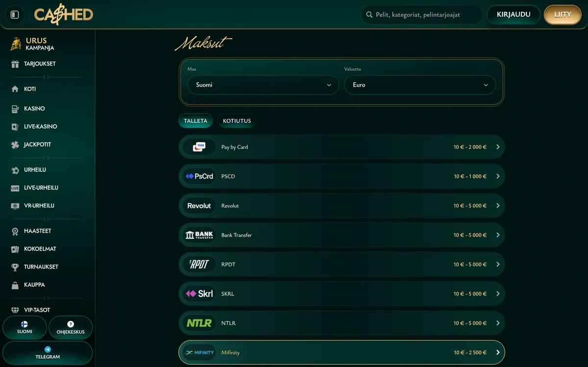 Cashed Casino — Payments, captured from Finland