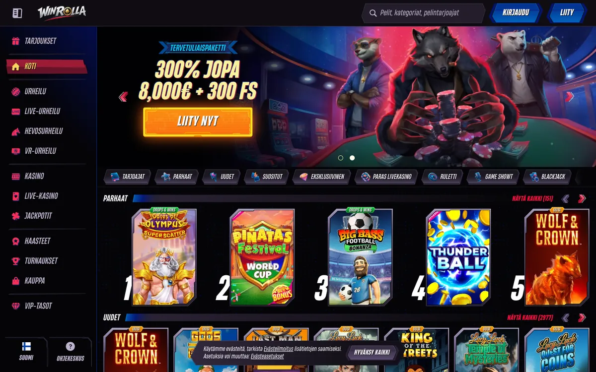 Win Rolla Casino — Home page, captured from Finland