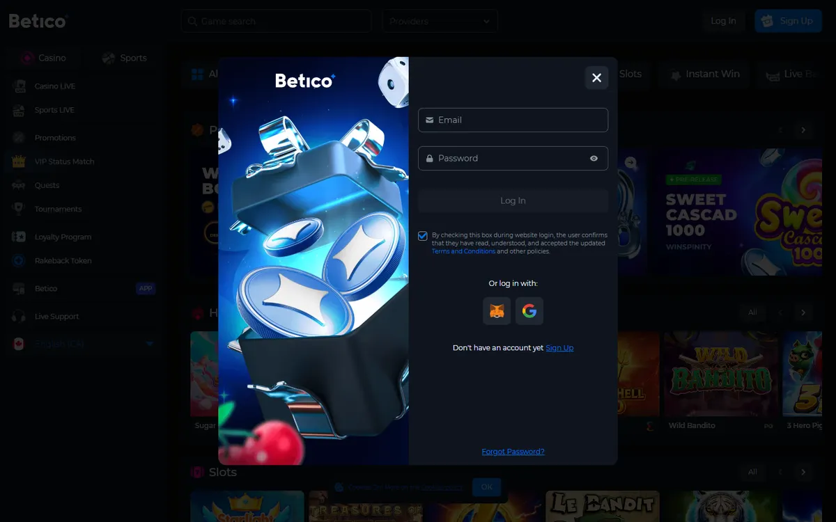 Betico Casino — Sign-up, captured from Canada