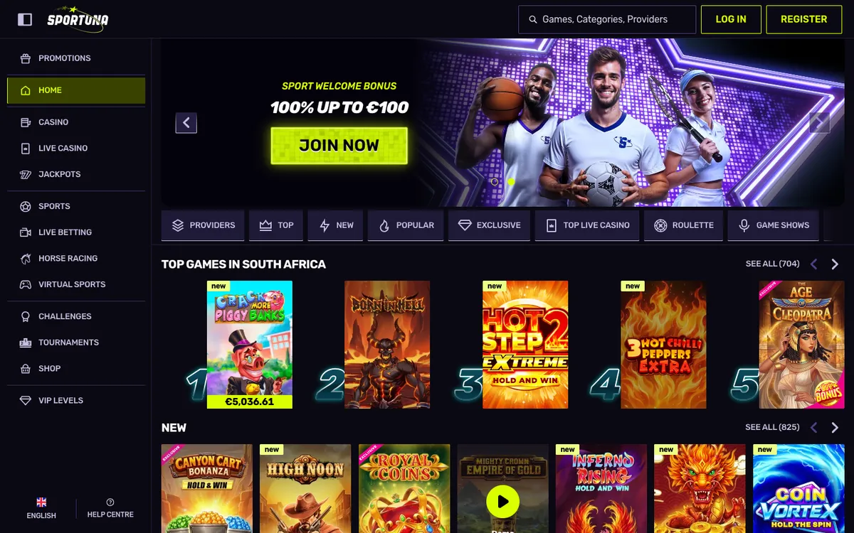 Sportuna Casino — Home page, captured from South Africa
