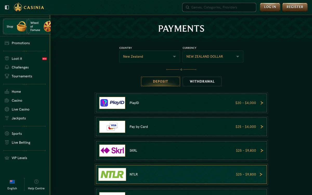 Casinia Casino — «Платежи», снято из страны Новая Зеландия