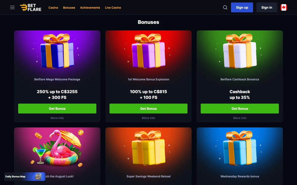 Betflare Casino — Promotions, captured from Canada