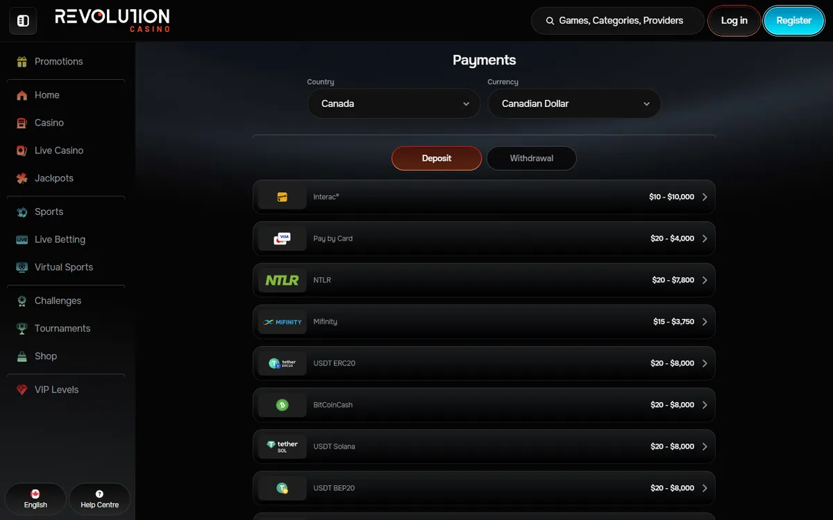Revolution Casino — Payments, captured from Canada