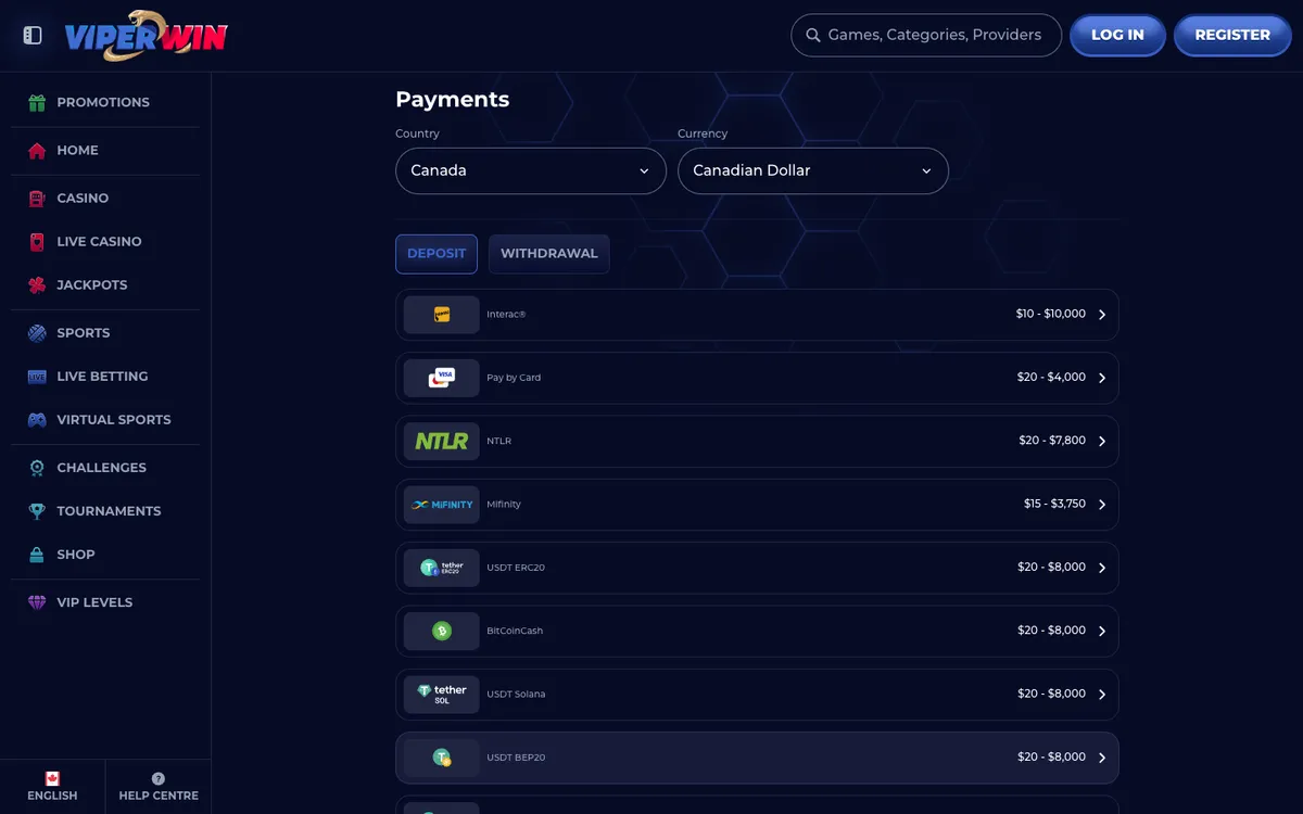 ViperWin Casino — Payments, captured from Canada
